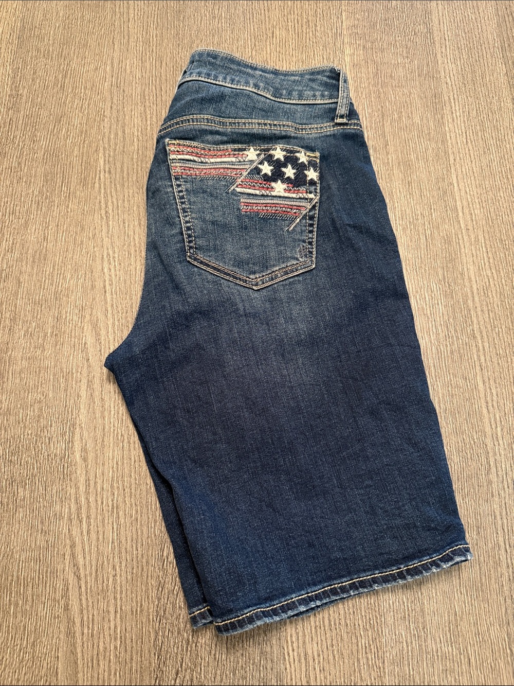 Silver Jeans Blue Denim Shorts with American Flag Pocket